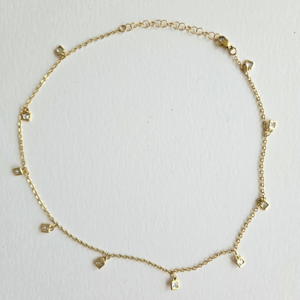 13" Gold Tone Cubic Zirconia CZ Charms Boho Dainty Necklace Choker 2" extension